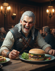 Geralt serving a giant hamburger